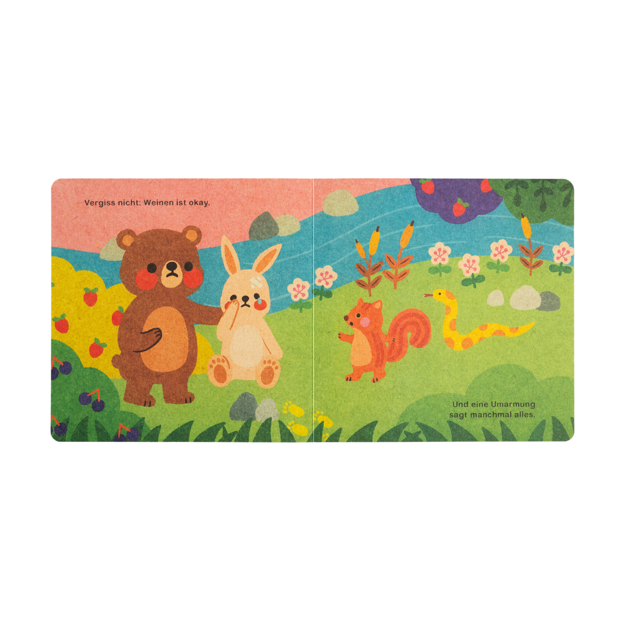 In "Hilfe brauchen ist ok" von Annelies Draws tröstet ein Bär ein weinendes Kaninchen, während ein Eichhörnchen und eine Schlange in einer farbenfrohen, blumengeschmückten Szene mit deutschem Text über Freundschaft und Vertrauen zusehen.
