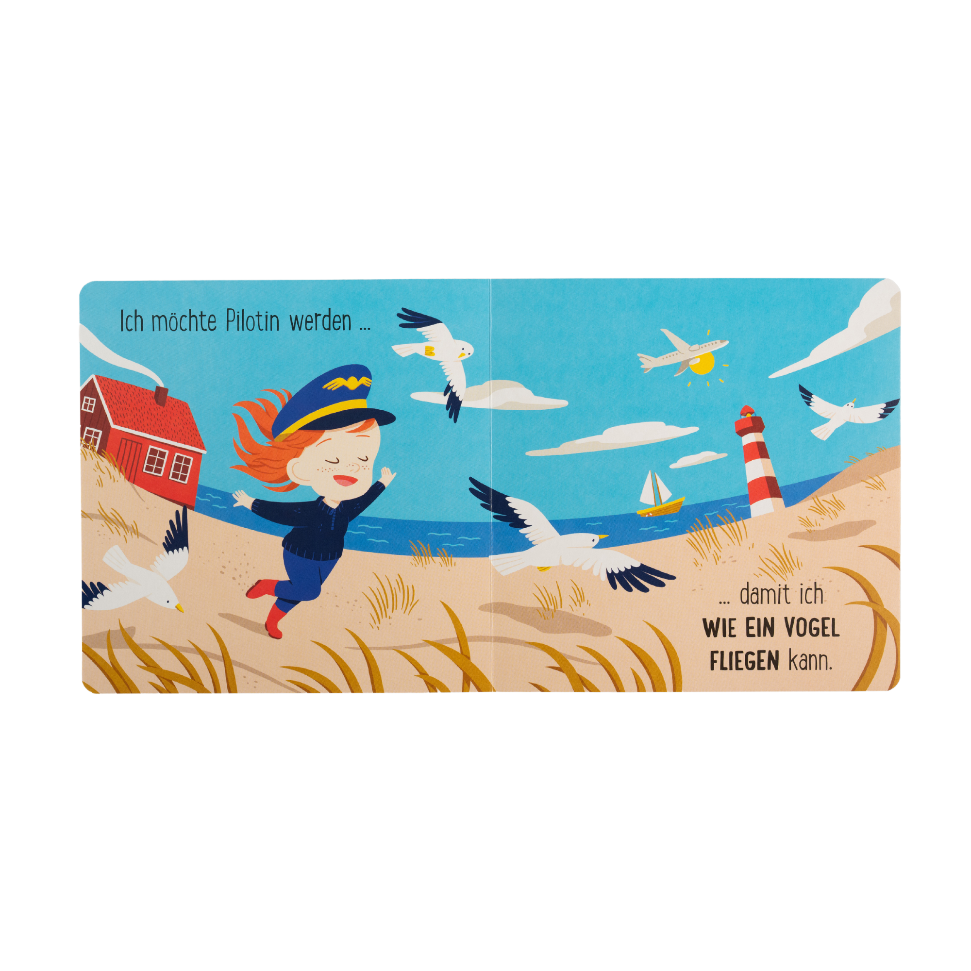Das Pappbilderbuch "Berufe sind für alle da!" von Susann Hoffmann zeigt ein Mädchen mit Fliegermütze am Strand, Seemöwen, rotem Haus und Leuchtturm. Auf jeder Seite behandelt der Text verschiedene Berufe und zeigt: Du kannst alles werden, was du willst!