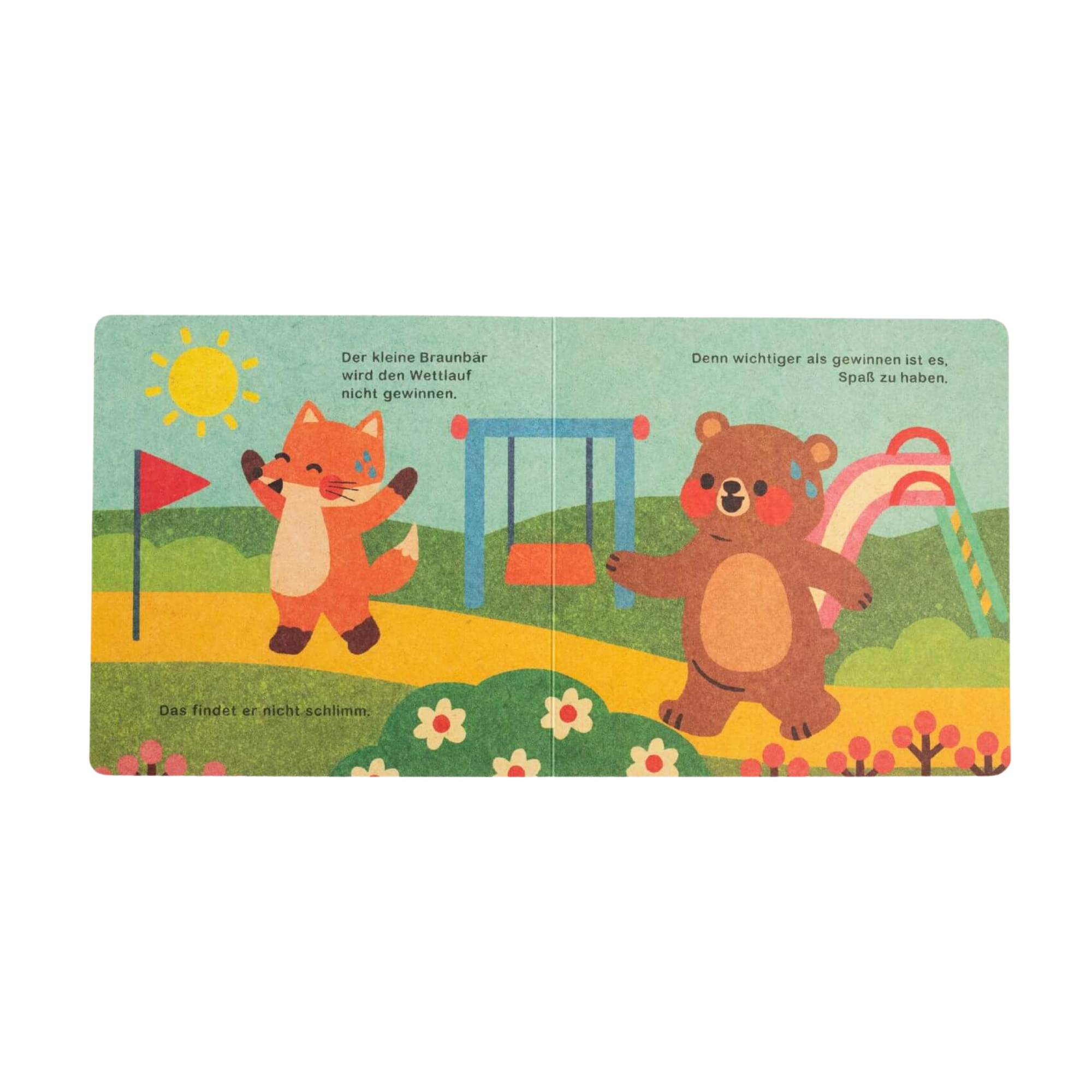 Die Kinderbuchseite "Fehler machen ist ok" von Annelies Draws zeigt einen lächelnden, winkenden Fuchs und einen glücklichen Bären auf einem sonnenbeschienenen Spielplatz mit Schaukeln, einer Rutsche, Blumen und einem  Text im charmanten Retro-Stil.