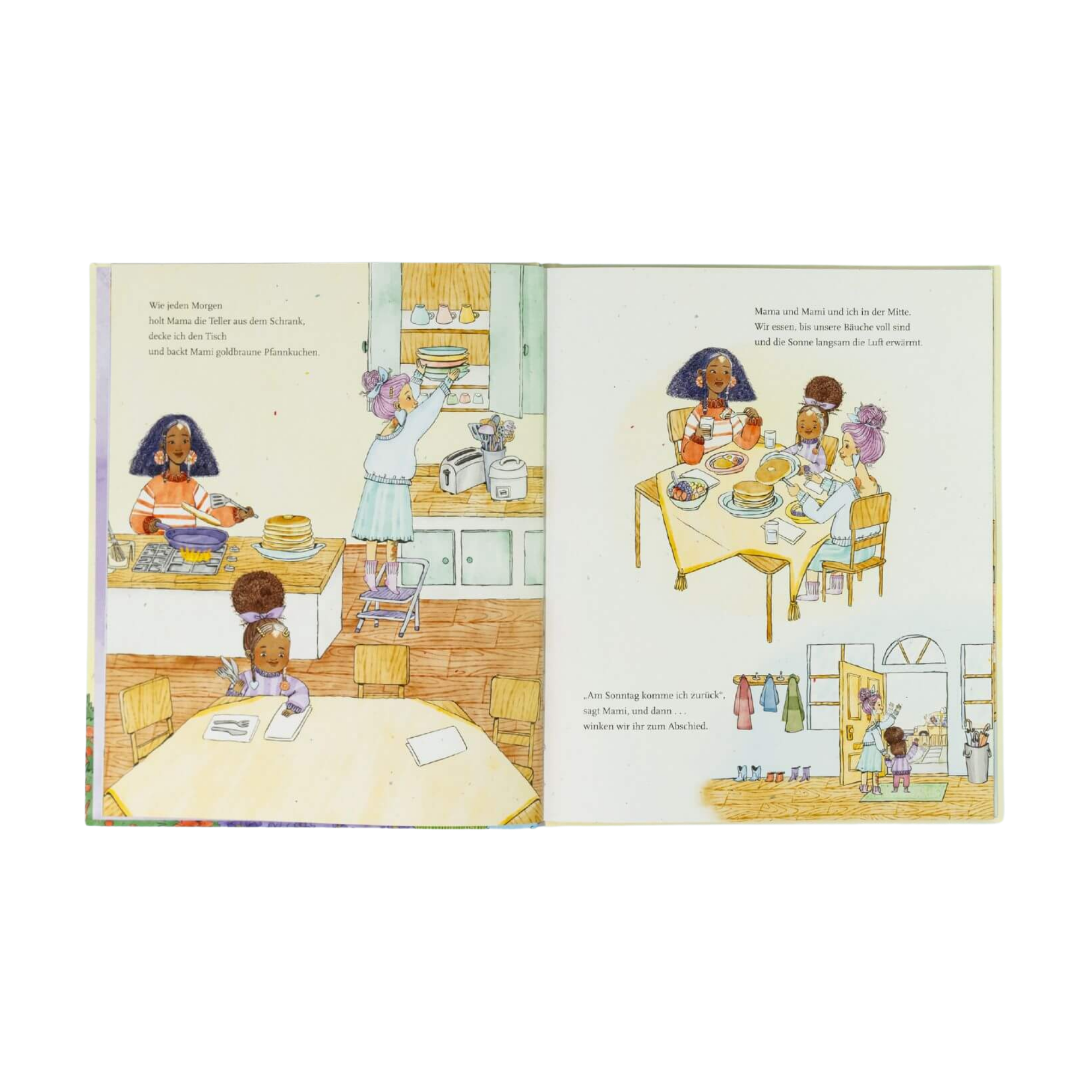 In "Mama und Mami und ich: Die große Vermissung" von Nina LaCour zeigen illustrierte Doppelseiten eine Familie, die gemeinsam backt, kocht und frühstückt, mit einem sanften deutschen Text, der das Thema Trennung behandelt.