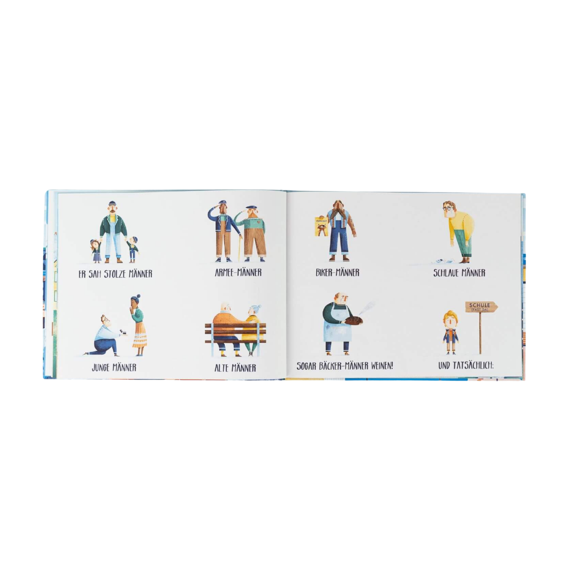 Das aufgeschlagene Kinderbuch "Männer weinen" von Jonty Howley zeigt illustrierte Charaktere mit deutschen Beschriftungen und rückt die Emotionalität der Männer ins Zentrum seiner berührenden Geschichte.